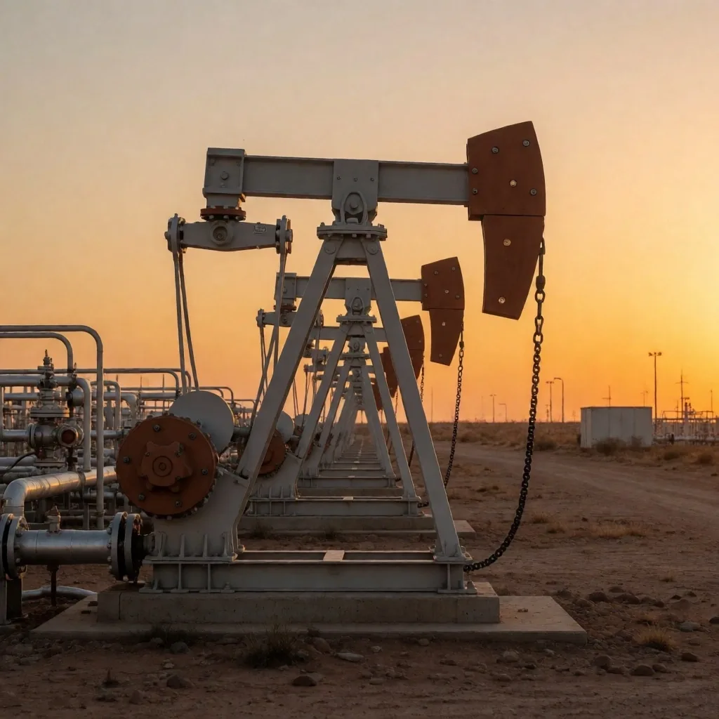 Campo de perforación en Vaca Muerta al atardecer