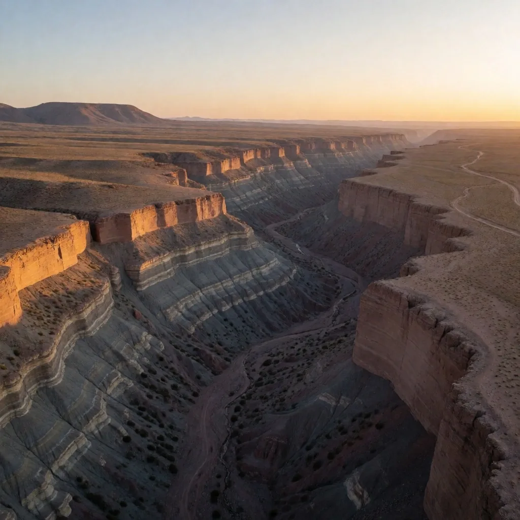 Vista aérea de la Cuenca Neuquina mostrando estratos sedimentarios