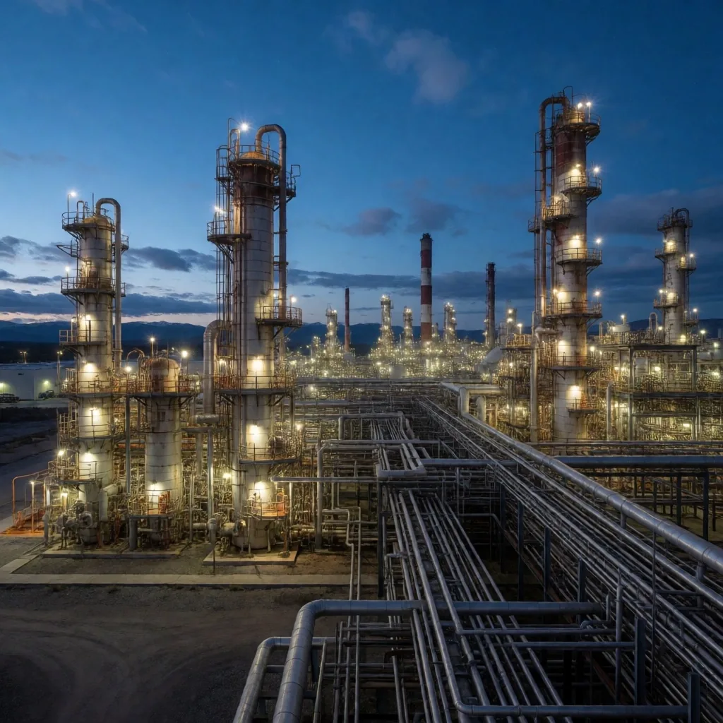 Complejo industrial petroquímico con gasoductos al anochecer