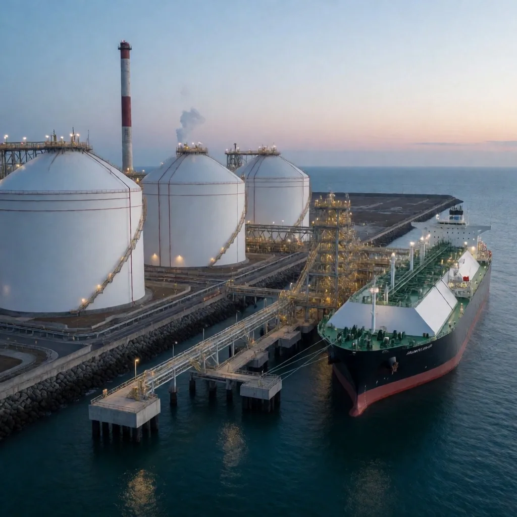 Planta de GNL y buque metanero en terminal marítima argentina