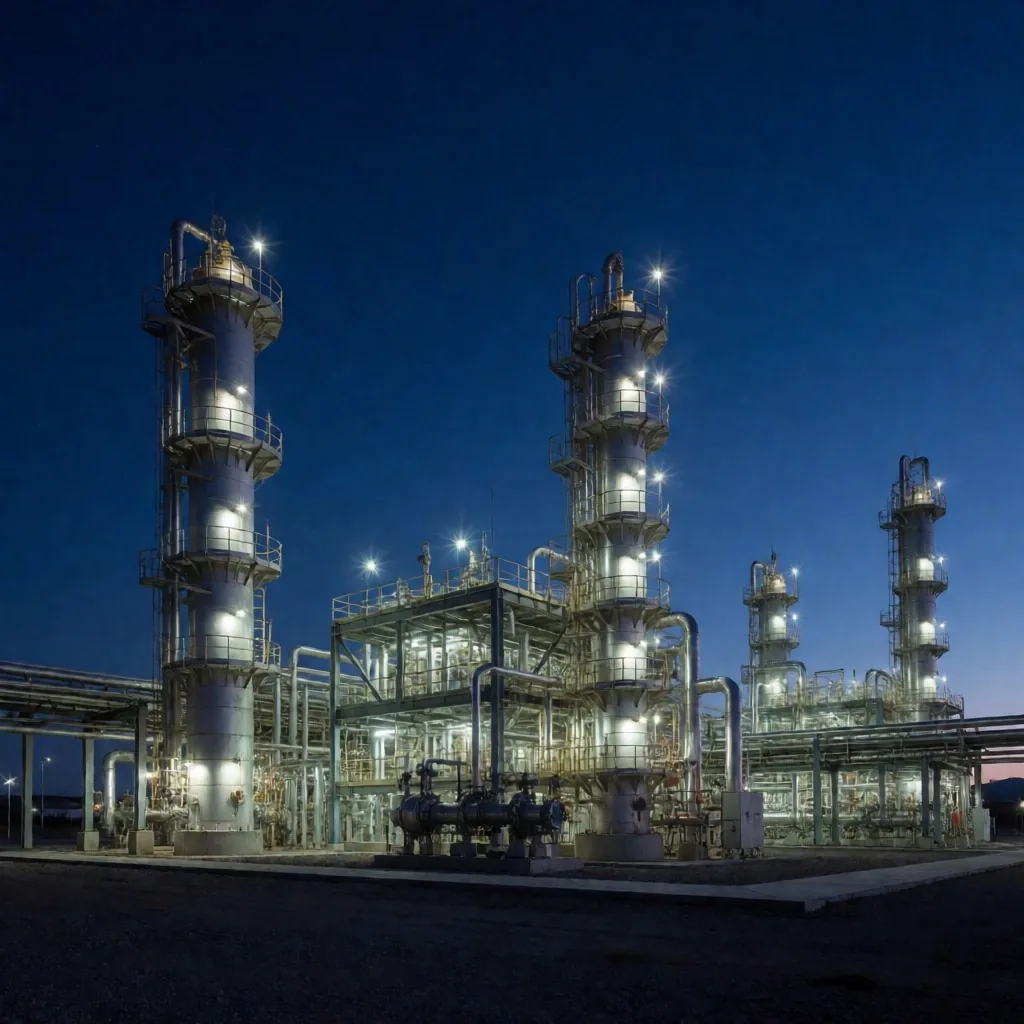 Planta de procesamiento de gas en la Cuenca Neuquina al anochecer