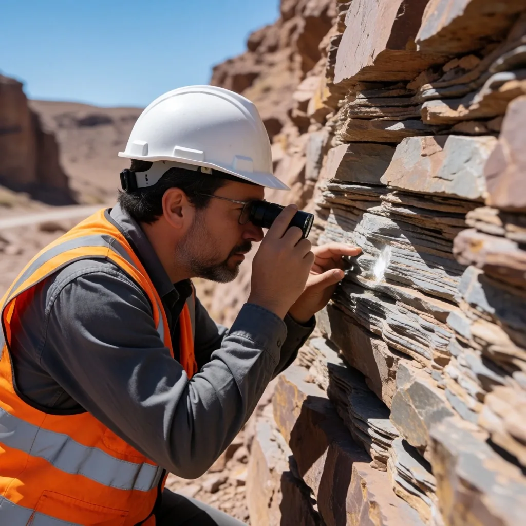 Profesional de geociencias analizando formaciones rocosas en la Cuenca Neuquina